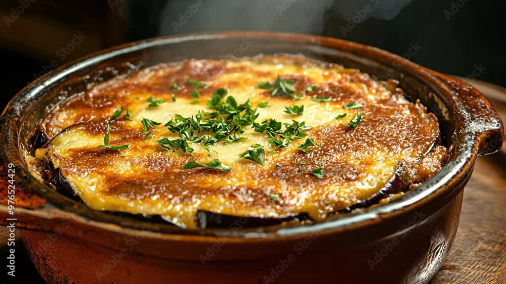Deliciously baked eggplant casserole prepared in a rustic kitchen with fresh herbs and creamy topping Deliciously baked eggplant casserole prepared in a rustic kitchen with fresh herbs and creamy topping