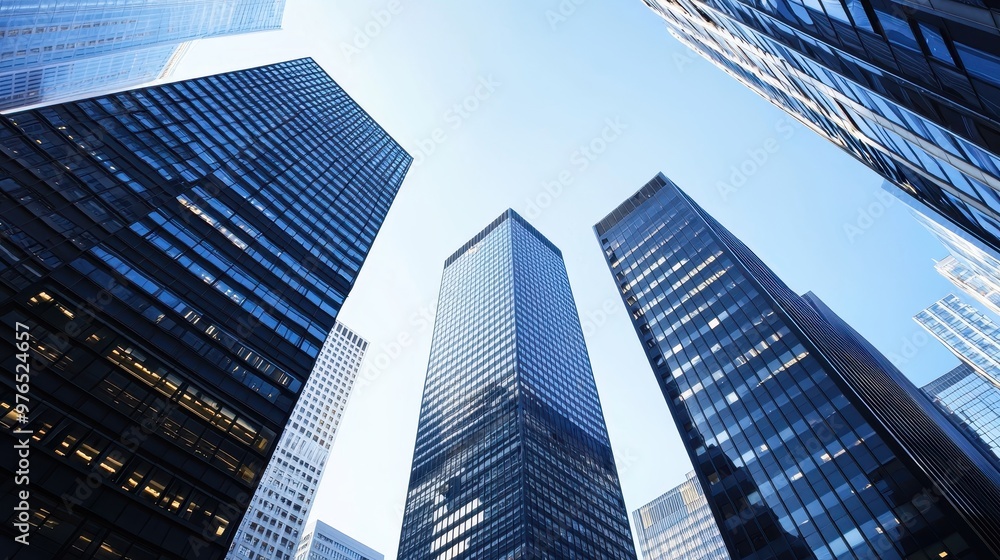 Fototapeta premium Modern Skyscrapers with Blue Glass Facades in Urban City Skyline