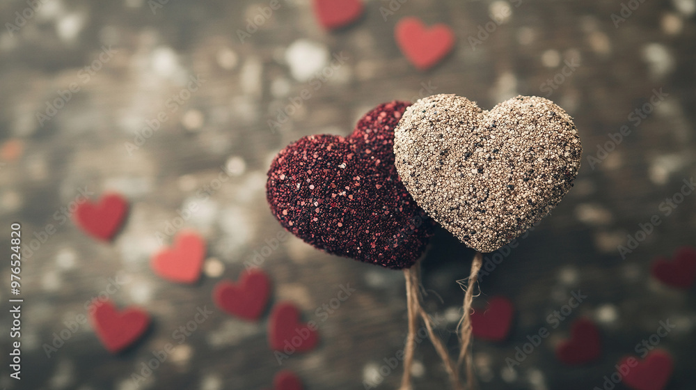Fototapeta premium Closeup of two hearts on strings - Generative AI