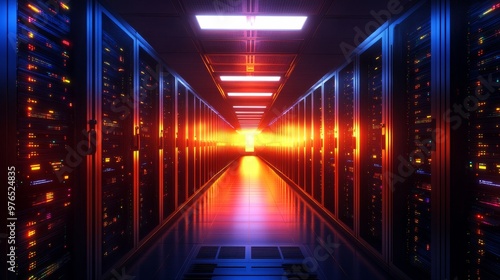 A futuristic data center with rows of servers illuminated by neon lights, symbolizing the heart of digital infrastructure, connectivity, and advanced technology.