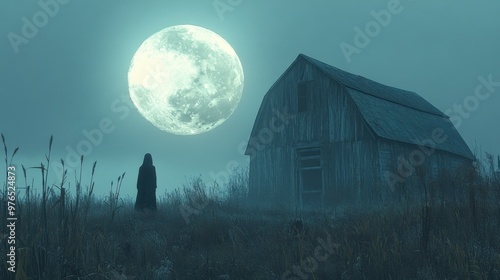 Eerie Ghostly Figure in Moonlit Abandoned Barn