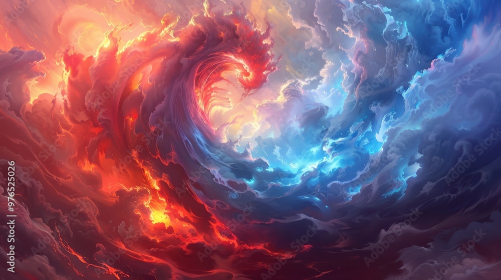 Elemental Clash of Fiery Red and Icy Blue Waves, a breathtaking display of nature's power as fire and ice collide in a mesmerizing dance of color and force. Elemental Clash of Fiery Red and Icy Blue Waves, a breathtaking display of nature's power as fire and ice collide in a mesmerizing dance of color and force.