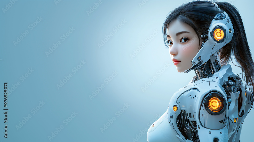 A futuristic female robot with luminous features and a sleek design, blending technology and beauty in a captivating portrait. A futuristic female robot with luminous features and a sleek design, blending technology and beauty in a captivating portrait.