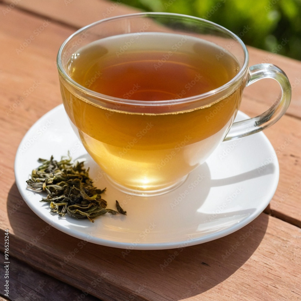 A cup of refreshing green tea against a green mountains forest of nature scene A cup of refreshing green tea against a green mountains forest of nature scene