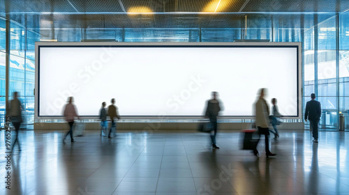 Busy airport terminal with a large blank advertisement screen and travelers in motion, perfect for marketing and travel themes.