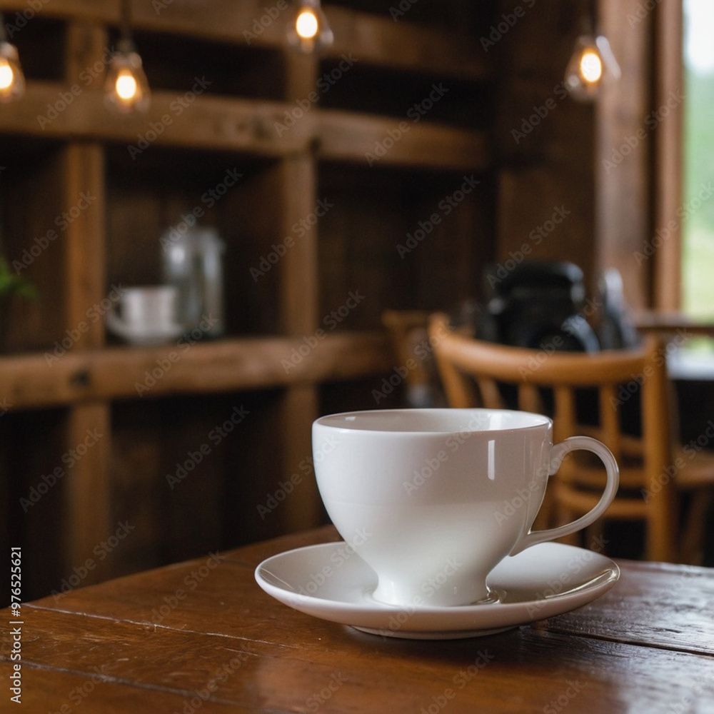 Fototapeta premium Cup of tea on a wooden table in a cafe against a blurry golden background 