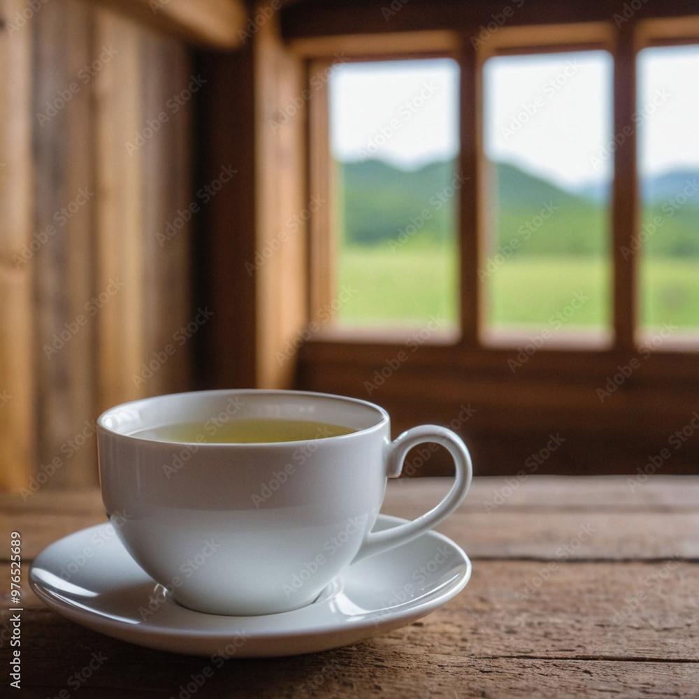 Cup of tea on a wooden table in a cafe against a blurry golden background Cup of tea on a wooden table in a cafe against a blurry golden background