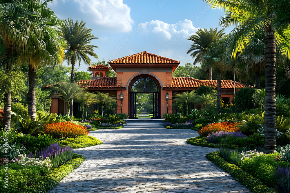 Illustration of Luxurious Tropical Estate Entrance with Palm Trees and Lush Gardens Illustration of Luxurious Tropical Estate Entrance with Palm Trees and Lush Gardens