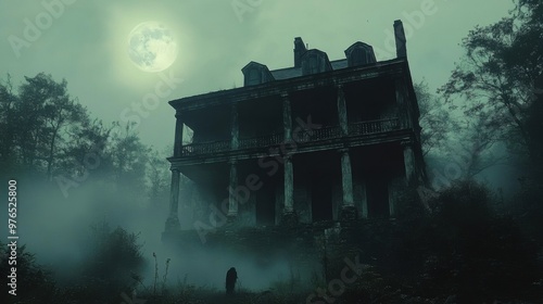 Ghostly Haunted House on Hill with Eerie Garden in Moonlight