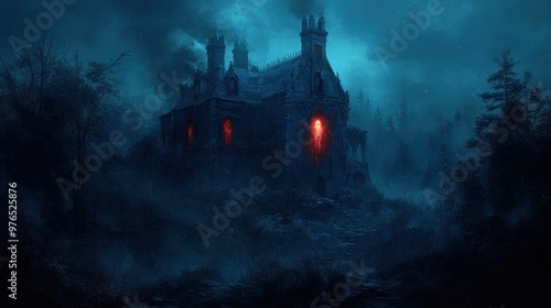 Ghostly Presence in Abandoned Haunted House on Hill Surrounded by Dark Woods