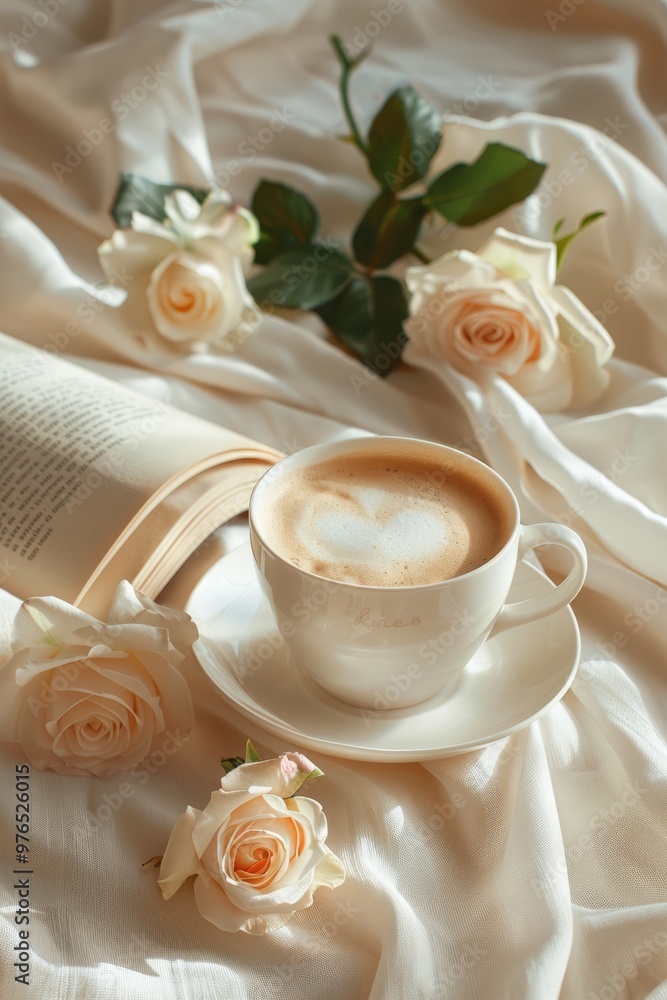 A cup of hot coffee, a white scarf, and roses A cup of hot coffee, a white scarf, and roses