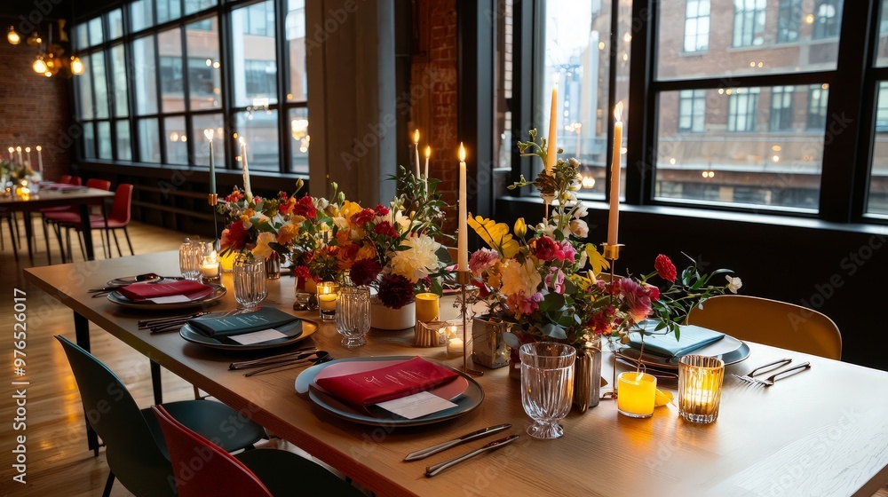 Romantic Dinner Table Setting with Candles and Flowers Romantic Dinner Table Setting with Candles and Flowers