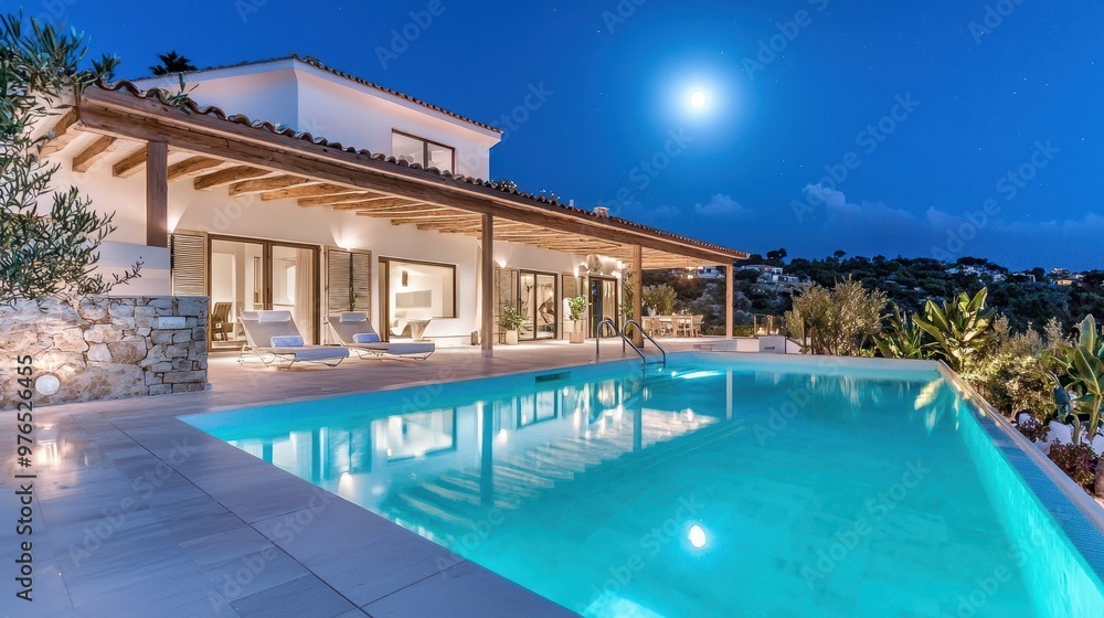 Modern Villa with Swimming Pool and Night Sky Modern Villa with Swimming Pool and Night Sky