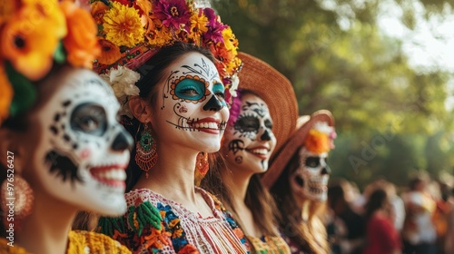 women in traditional Dia De Los Muertos attire, celebrating with joy. photo