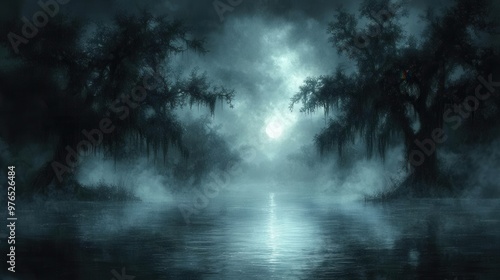 Eerie Night in the Haunted Swamp - Spooky Landscape with Ghostly Figure, Moonlit Waters, Misty Atmosphere, Twisted Trees, and Vines