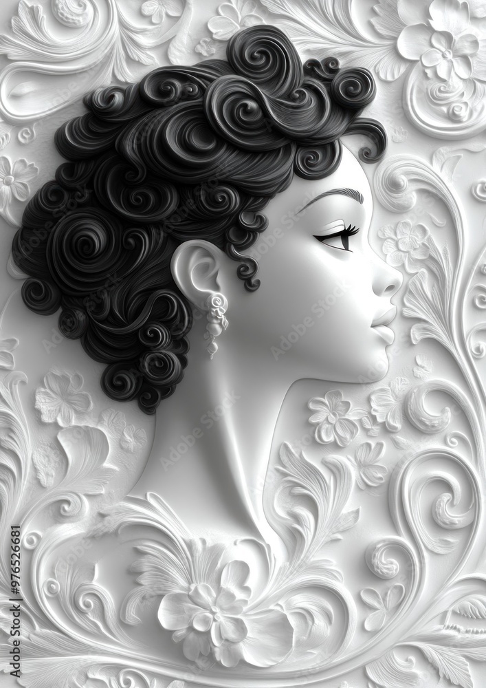 Elegant profile of a woman with curly hair against a floral backdrop. Elegant profile of a woman with curly hair against a floral backdrop.