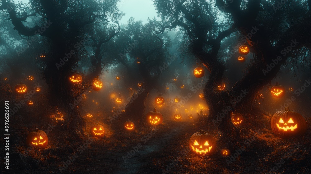 Spooky Haunted Forest at Dusk with Ghostly Figures and Glowing Jack-o-Lanterns Spooky Haunted Forest at Dusk with Ghostly Figures and Glowing Jack-o-Lanterns