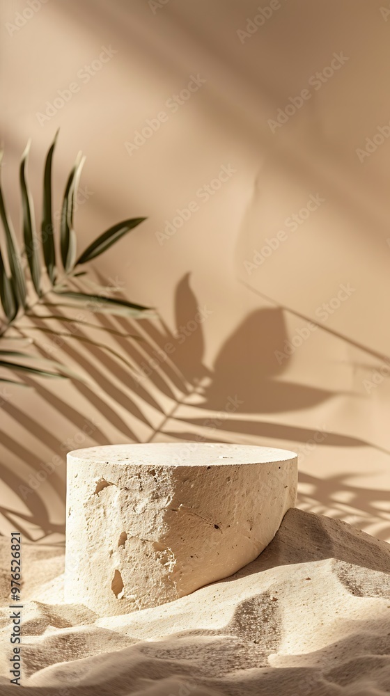 White stone podium with palm leaf shadow on beige background. White stone podium with palm leaf shadow on beige background.