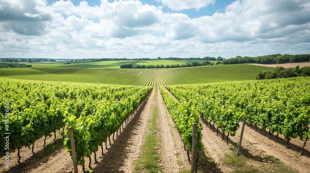 Beautiful vineyard with rows of lush, green grapevines under a partly cloudy sky, creating a serene and picturesque landscape. Beautiful vineyard with rows of lush, green grapevines under a partly cloudy sky, creating a serene and picturesque landscape.