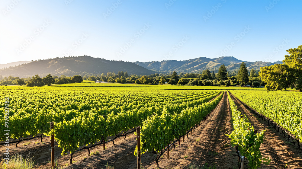 Fototapeta premium Lush green vineyard rows under a clear blue sky with scenic mountains in the background during a bright sunny day.