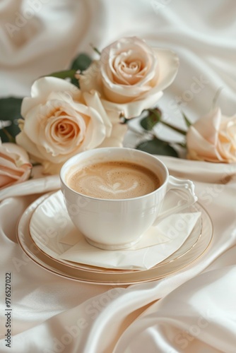 A cup of hot coffee, a white scarf, and roses