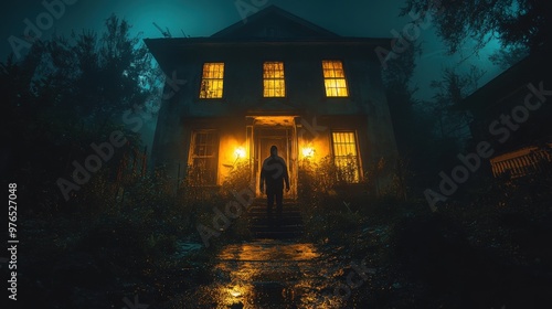 Eerie Haunted House with Ghostly Figure in Overgrown Garden at Night - Sinister Abandoned Building with Spooky Atmosphere