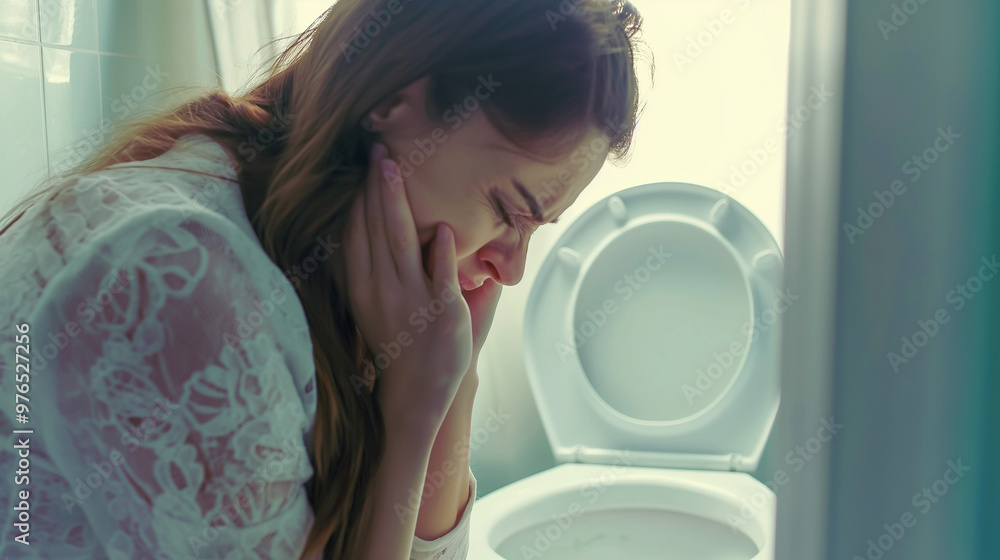 Young woman crouching by a toilet, distressed, in a bathroom setting, suggestive of bulimia. Young woman crouching by a toilet, distressed, in a bathroom setting, suggestive of bulimia.