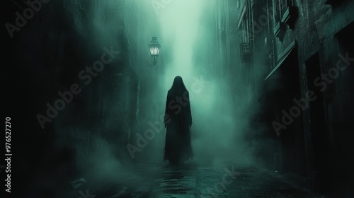 Haunting Presence: Ghostly Figure in Dark Alley with Eerie Shadows and Thick Fog, Mysterious and Chilling Urban Scene