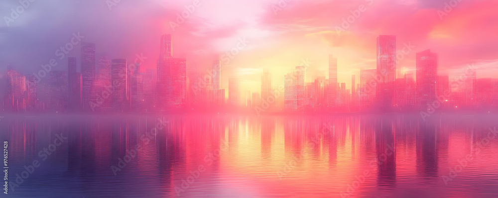 Pink Abstract Cityscape Illustration at Sunset with Reflection Pink Abstract Cityscape Illustration at Sunset with Reflection