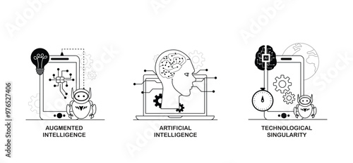 Vector icon for AI and machine learning in digital innovation. Illustrates a robot, brain circuitry, and tech elements to showcase AI-driven technological progress.