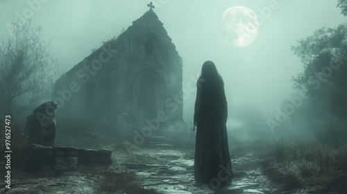 Ghostly Apparition at Abandoned Church Entrance under Moonlight with Fog - Mysterious and Eerie Night Scene of Haunting Figure in Old Building Setting