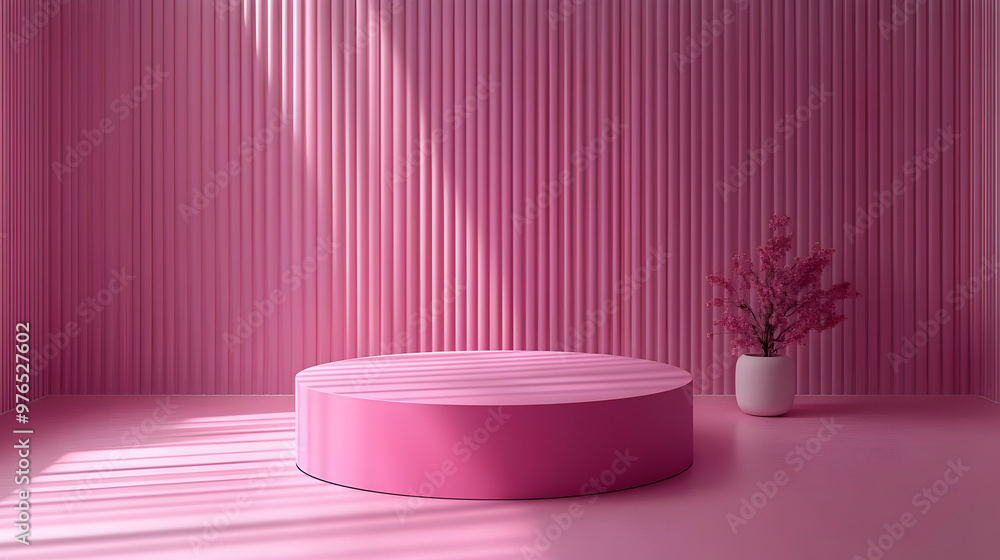 3D Pink Podium with Flowers and Sunlight: A Minimalist Background 3D Pink Podium with Flowers and Sunlight: A Minimalist Background