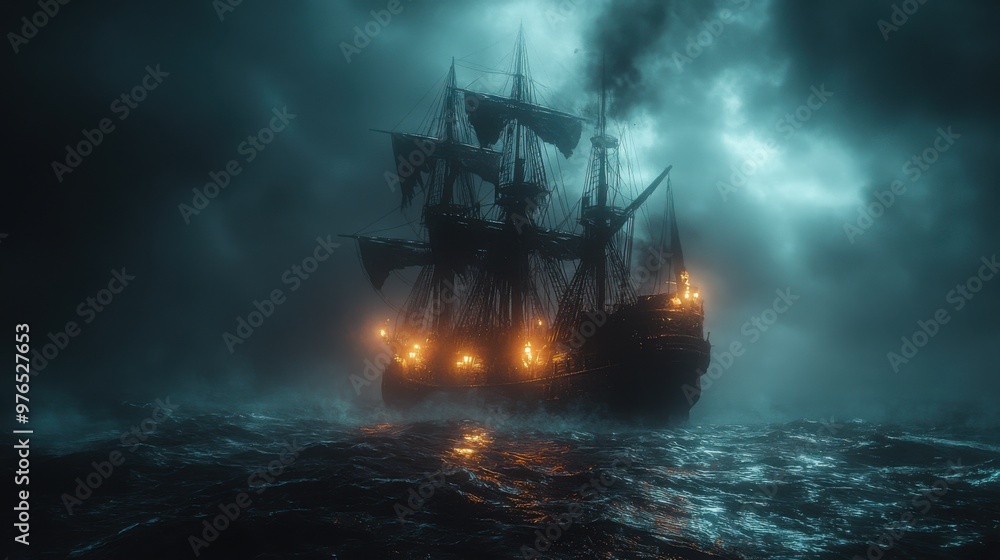 Ghostly Haunted Ship Sailing Through Stormy Night Sea - Unreal Engine Photorealistic Render Ghostly Haunted Ship Sailing Through Stormy Night Sea - Unreal Engine Photorealistic Render