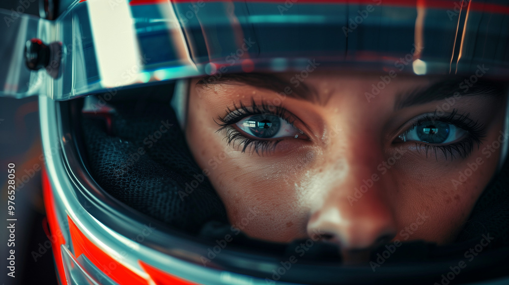 Close-up of a female race car driver's intense gaze behind a helmet visor. Close-up of a female race car driver's intense gaze behind a helmet visor.