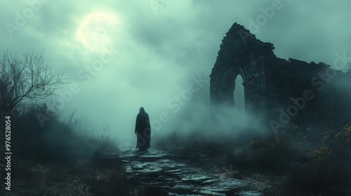 Eerie Ghostly Figure at Old Church Entrance in Moonlight with Fog - Mysterious and Unsettling Scene of Haunting Presence