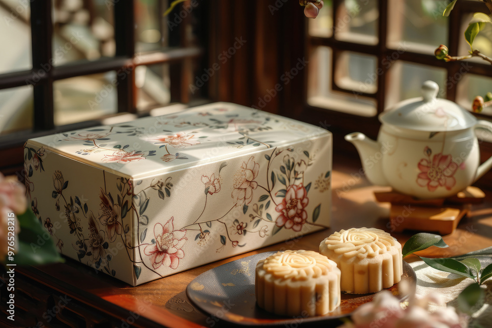 The moon cakes on the table celebrate the traditional Chinese festival: Mid-Autumn Festival. The moon cakes on the table celebrate the traditional Chinese festival: Mid-Autumn Festival.