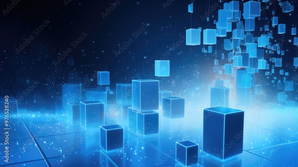Abstract digital background with glowing blue cubes floating in a futuristic space. Abstract digital background with glowing blue cubes floating in a futuristic space.