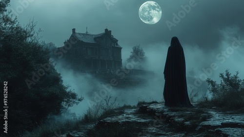 Ghostly Figure on Hill under Full Moon - Eerie Night Scene with Spooky Mansion and Swirling Fog in Ultra-realistic Image Captured on Canon 5D Mark IV 70mm Lens