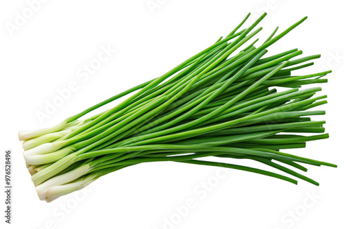 Bunch of fresh green chives isolated on a white background, top view. Top-down perspective, flat lay. Stock photo.