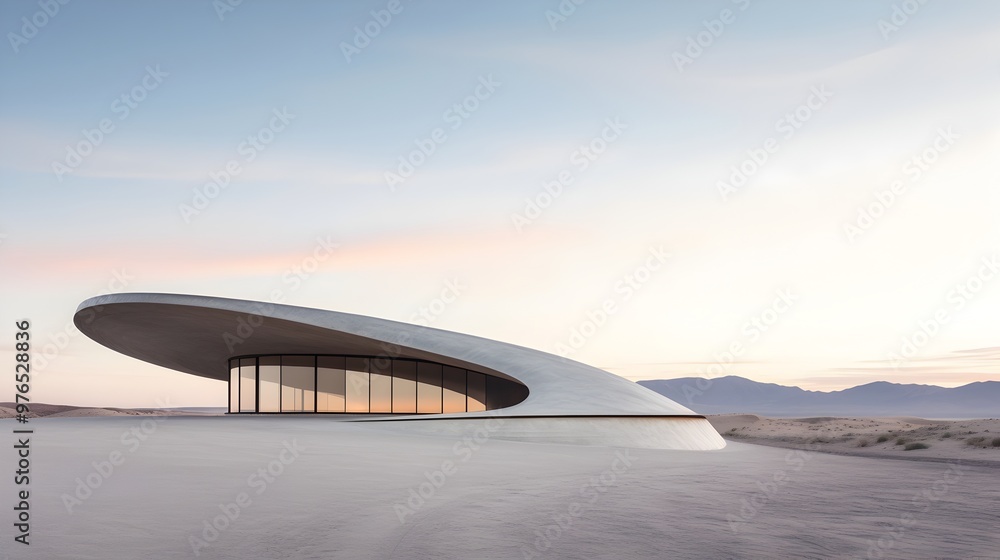Curved Concrete Desert Building with Expansive Sky and Serene Landscape Curved Concrete Desert Building with Expansive Sky and Serene Landscape