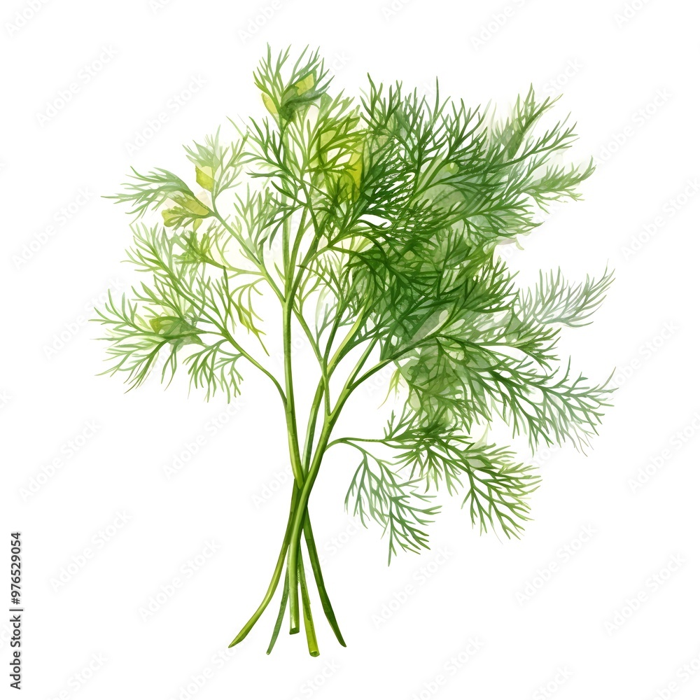 Delicate Watercolor Dill Sprig with Feathery Foliage and Grassy Aroma on White Background Delicate Watercolor Dill Sprig with Feathery Foliage and Grassy Aroma on White Background