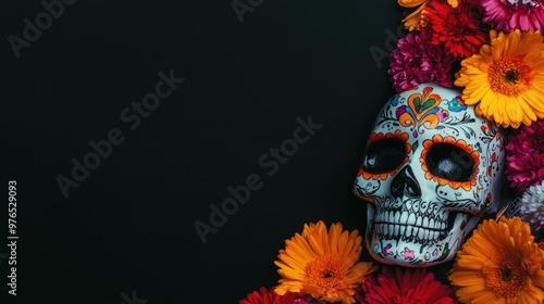 a Dia De Los Muertos-themed banner with a solid black background and room for copy. photo