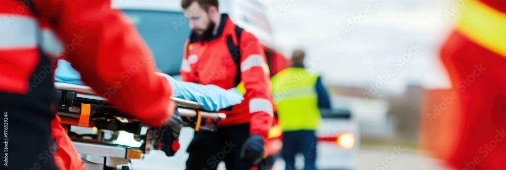 Emergency responders in vibrant uniforms are seen moving swiftly with a patient on a stretcher to the waiting ambulance against a soft-focus backdrop, embodying urgency and care.