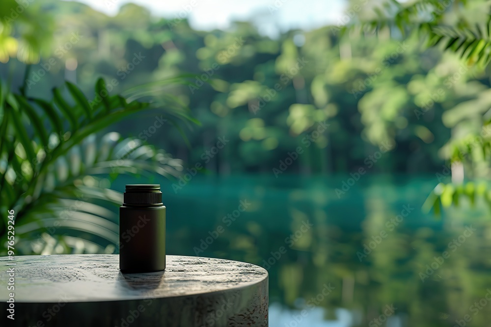 Cosmetic bottle on a wooden table in front of a tropical background, Ai generated