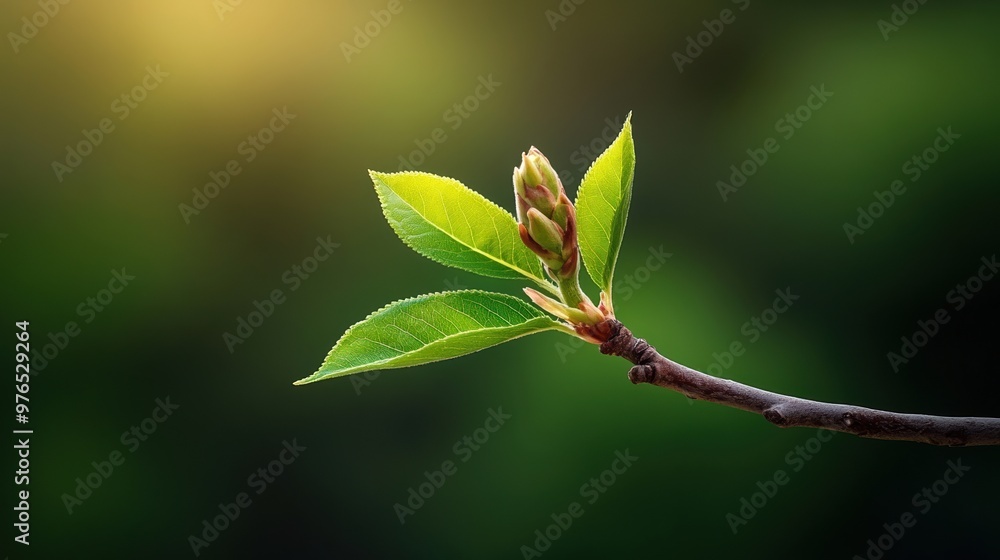 Close-up of fresh green leaves on a budding branch, symbolizing growth and nature's beauty. Soft light enhances its serenity. Close-up of fresh green leaves on a budding branch, symbolizing growth and nature's beauty. Soft light enhances its serenity.