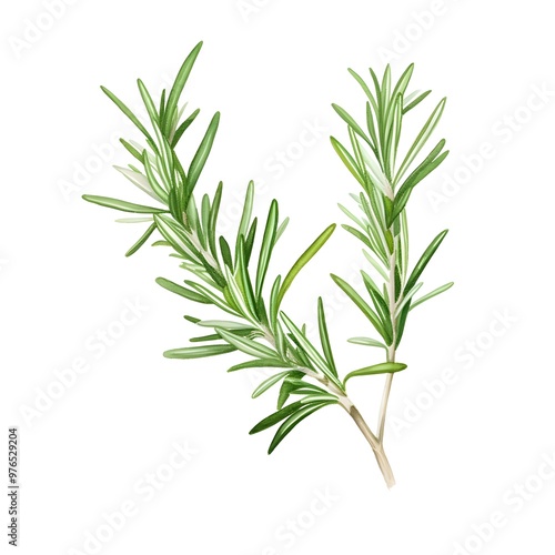 Detailed Watercolor Sprig of Aromatic Rosemary Herb on Pristine White Background