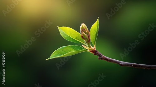 Close-up of fresh green leaves on a budding branch, symbolizing growth and nature's beauty. Soft light enhances its serenity.