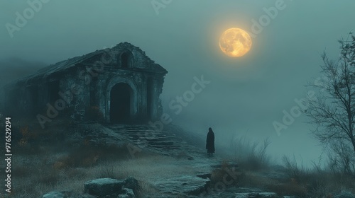 Mysterious Ghostly Figure at Abandoned Building Entrance Surrounded by Foggy Moonlit Night - Spooky and Eerie Atmosphere