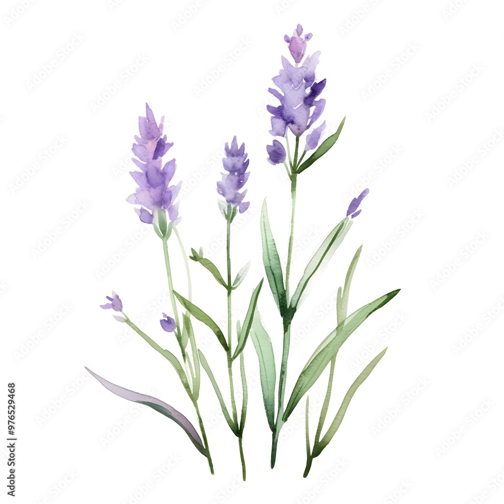 Obraz premium Exquisite Watercolor Lavender Sprig with Pale Purple Flowers and Green Stems on White Background