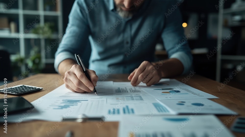 A professional analyzes financial charts and graphs, focusing on business strategy and growth while working in an office environment. A professional analyzes financial charts and graphs, focusing on business strategy and growth while working in an office environment.